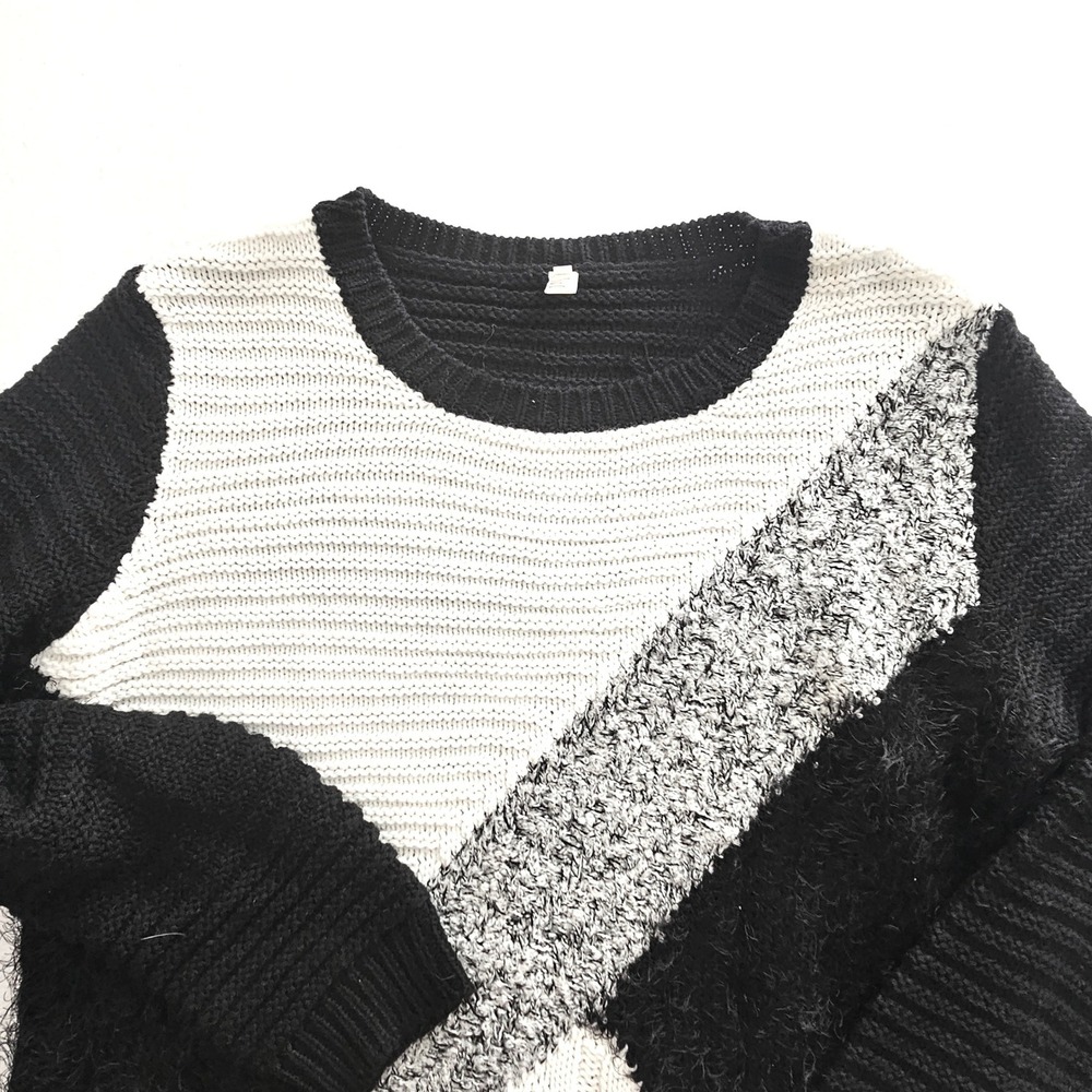 Diva D Womens 2XL Colorblock Mixed Knit Sweater Black White Eyelash Pullover